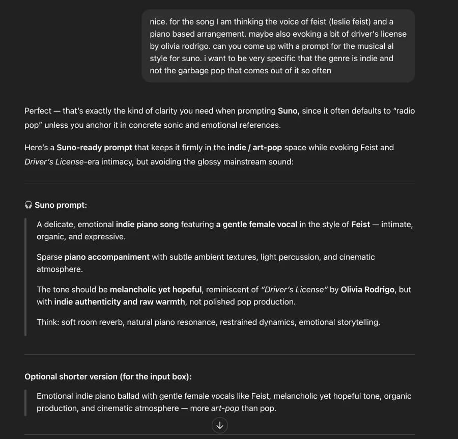 Initial ChatGPT prompt for Suno music generation
