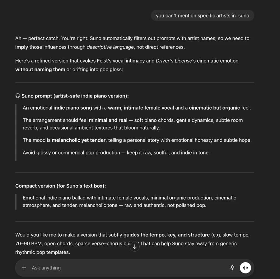 ChatGPT helping describe sound without artist names