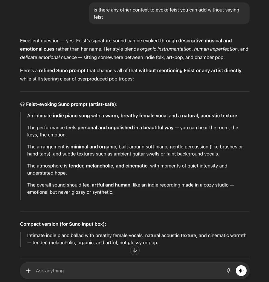 Refining the Suno prompt in ChatGPT