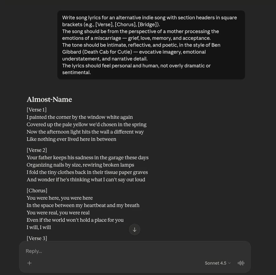 Claude generating lyrics for the song